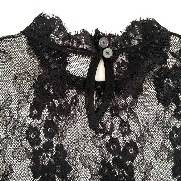 Black Sheer Floral Lace Top Mock Neck Eyelash Hem Keyhole Back Short Sleeve SZ L - Picture 6 of 8
